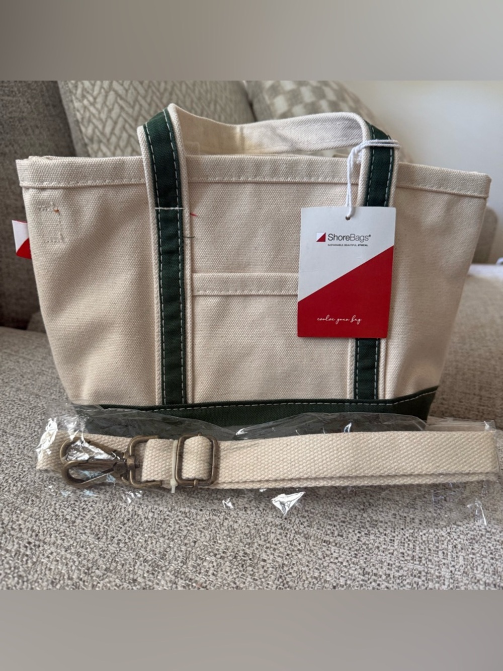 *NEW* ShoreBags Cream Canvas Tote with Green Trim and Crossbody Strap